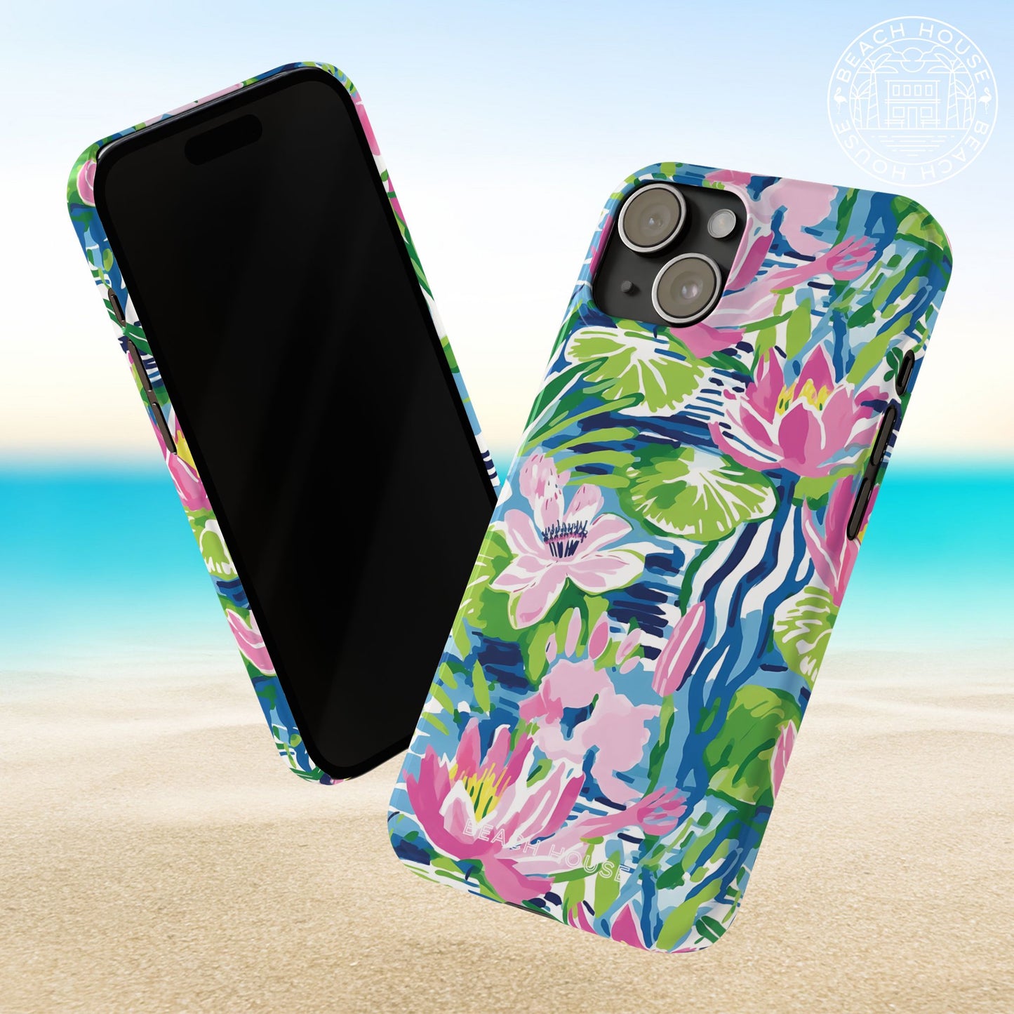Front and back view of the Everglades Slim Case for iPhone with colorful floral design on a beach background