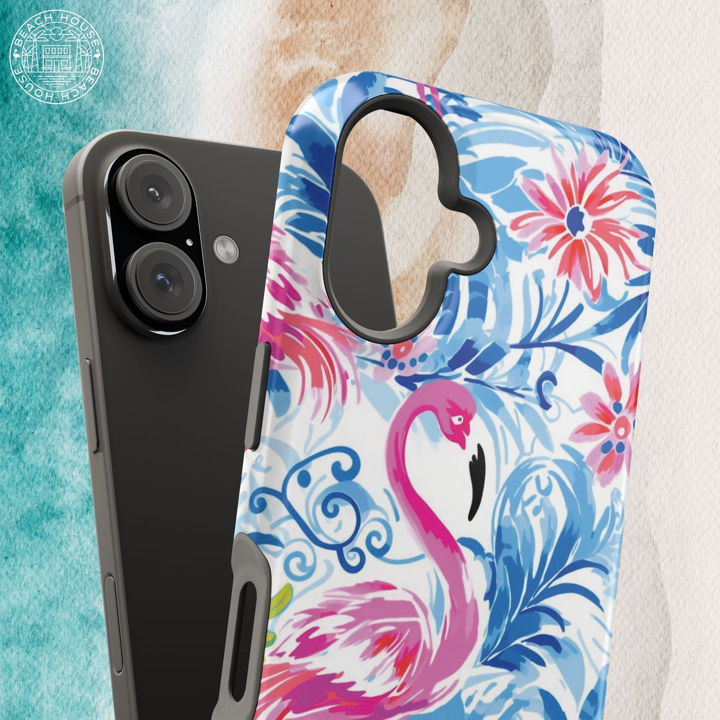 Flamingo Beach MagSafe Tough Case for iPhone with flamingo and floral design on a light background