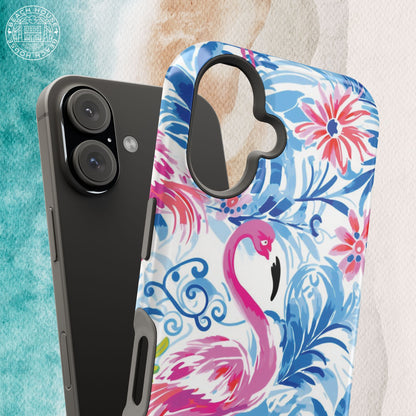 Flamingo Beach MagSafe Tough Case for iPhone with flamingo and floral design on a light background