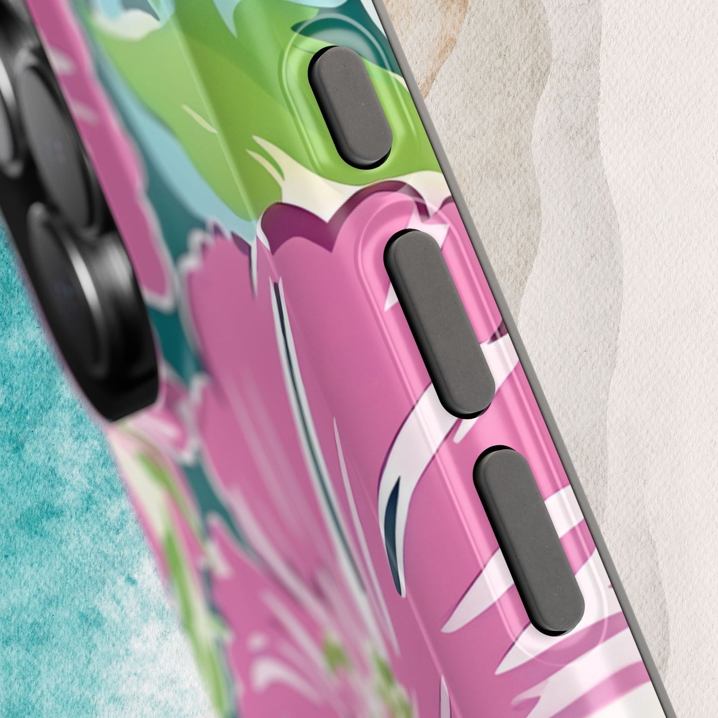 Colorful Seaside MagSafe Tough Case for iPhone with tropical design on a textured surface