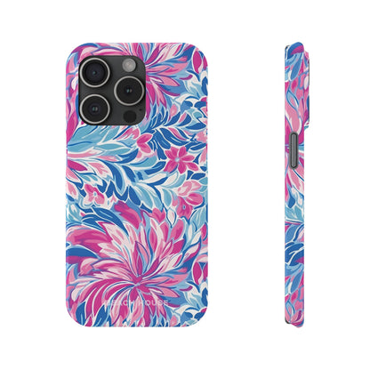 Front and side view of Destin Slim Case for iPhone with pink and blue floral pattern on a white background