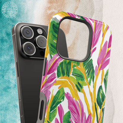 Naples MagSafe Tough Case for iPhone with tropical leaf pattern on a textured surface