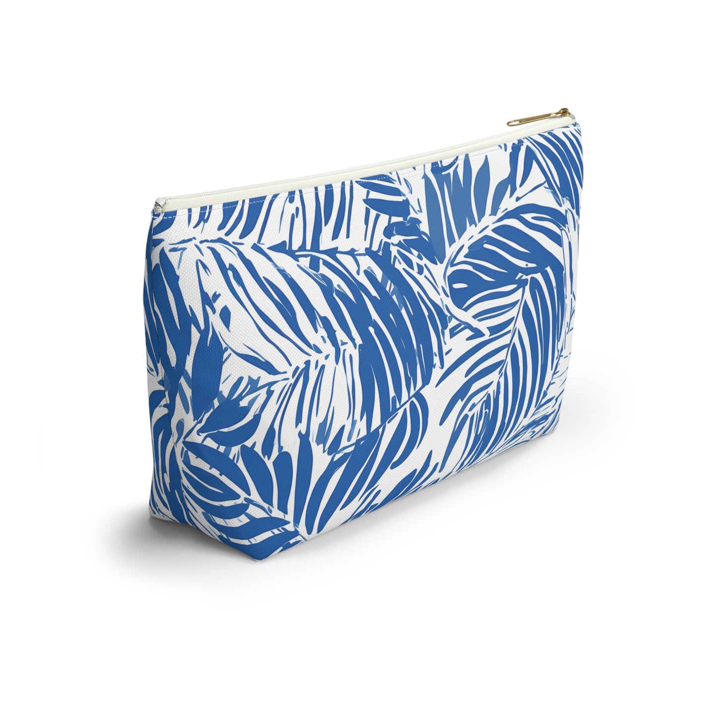 Blue and white leaf patterned pouch on a white background