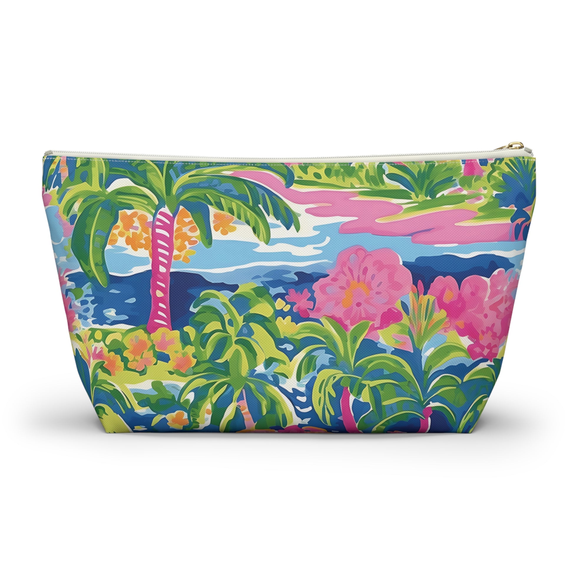 Colorful pouch with tropical design featuring palm trees and flowers on a white background