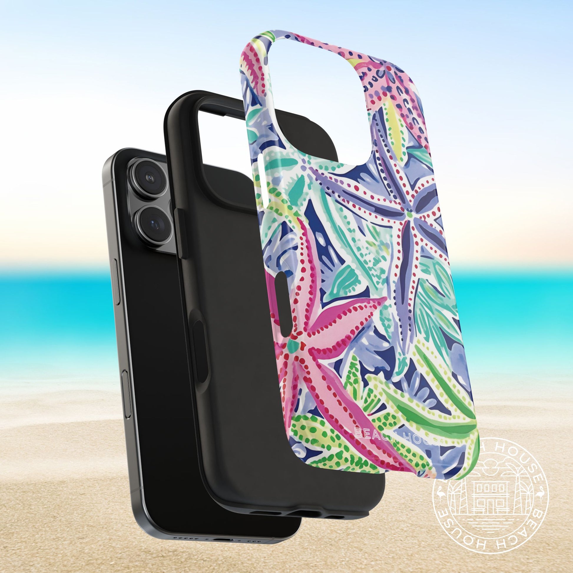 Layers of the Siesta Key Tough Case for iPhone with colorful floral design on a beach background