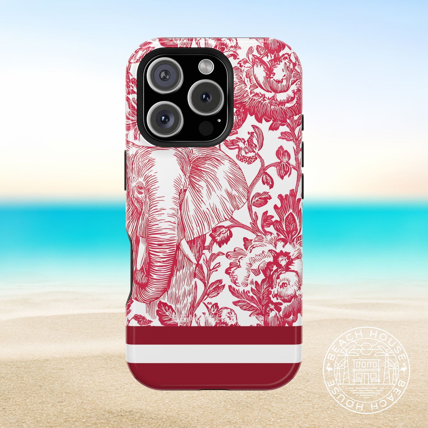 Tuscaloosa MagSafe Tough Case for iPhone with red and white floral and elephant design on a beach background