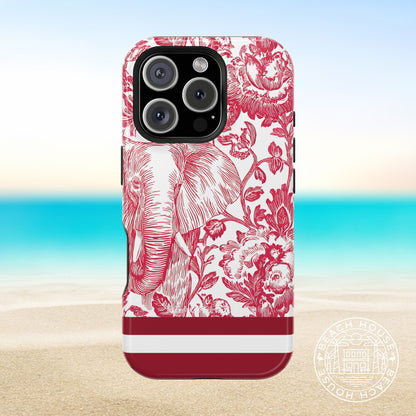 Tuscaloosa MagSafe Tough Case for iPhone with red and white floral and elephant design on a beach background