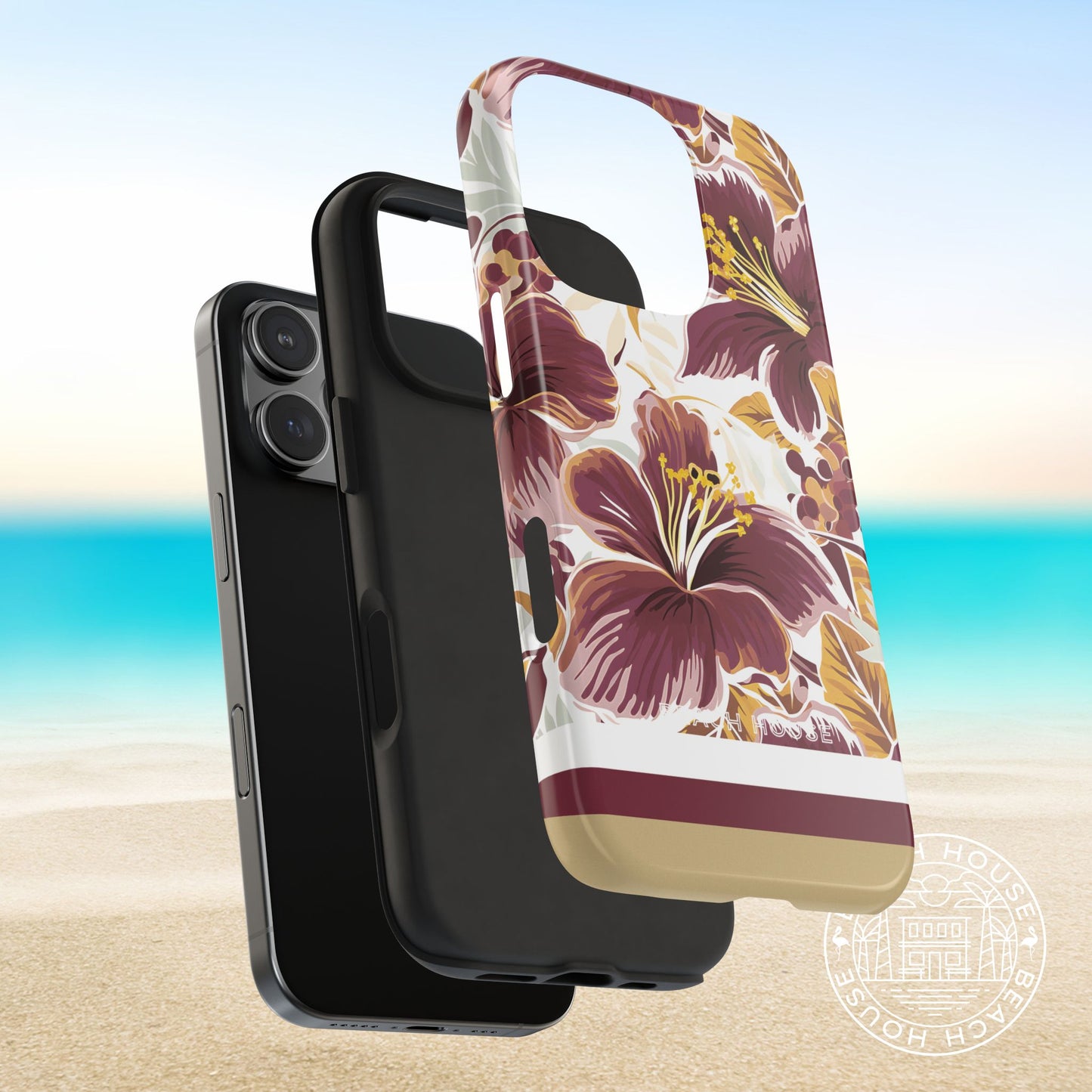 View of layers of the Tallahassee Tough Case for iPhone next to a phone, with a beach background
