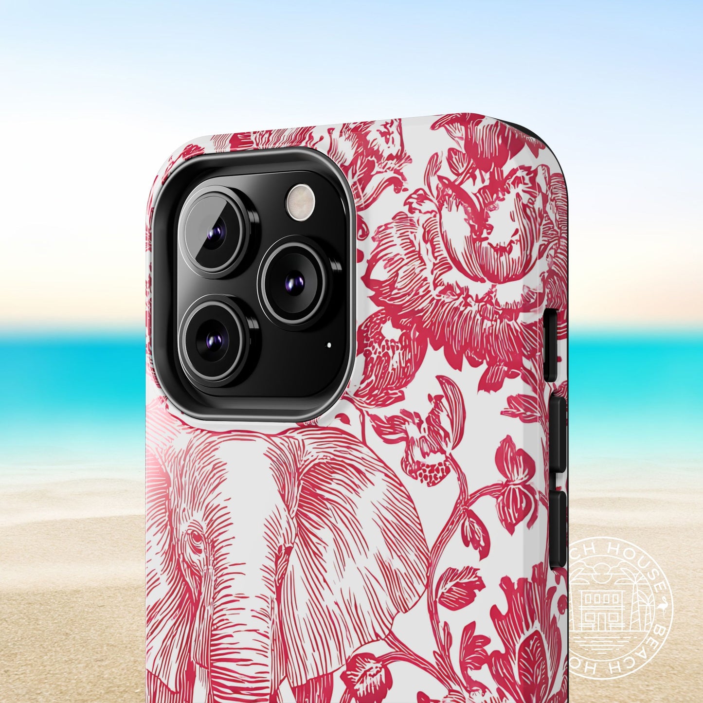 Tuscaloosa Tough Case for iPhone with red and white animal pattern on a beach background
