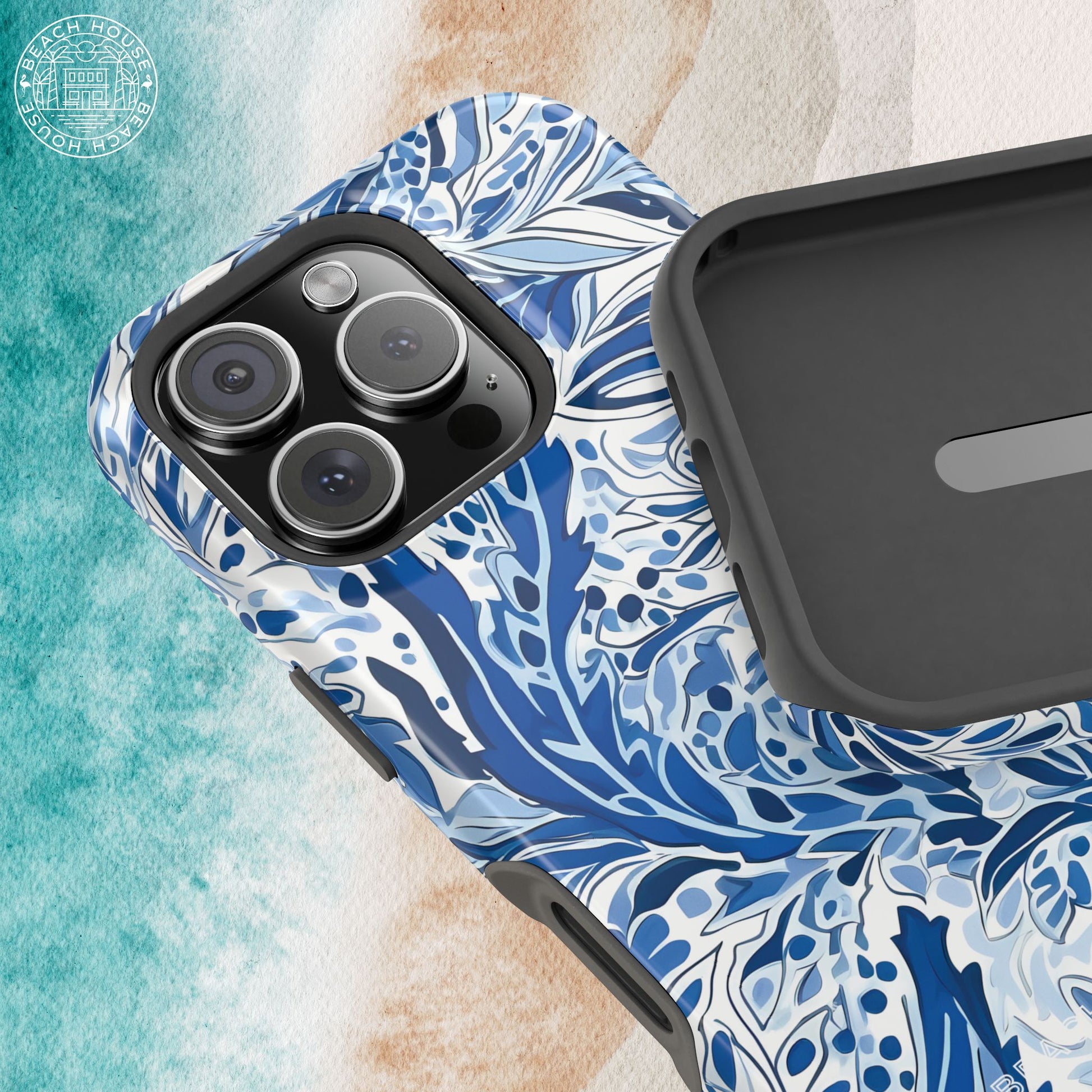 Nags Head MagSafe Tough Case for iPhone with blue and white floral pattern on a textured surface