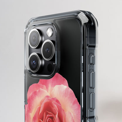 Phone case with a pink rose design on a gray background