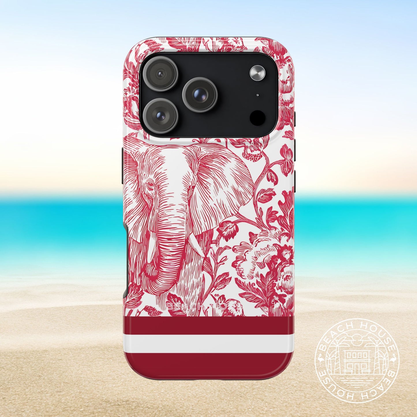 Tuscaloosa Tough Case for iPhone 17 Pro with red elephant and floral design on a beach background