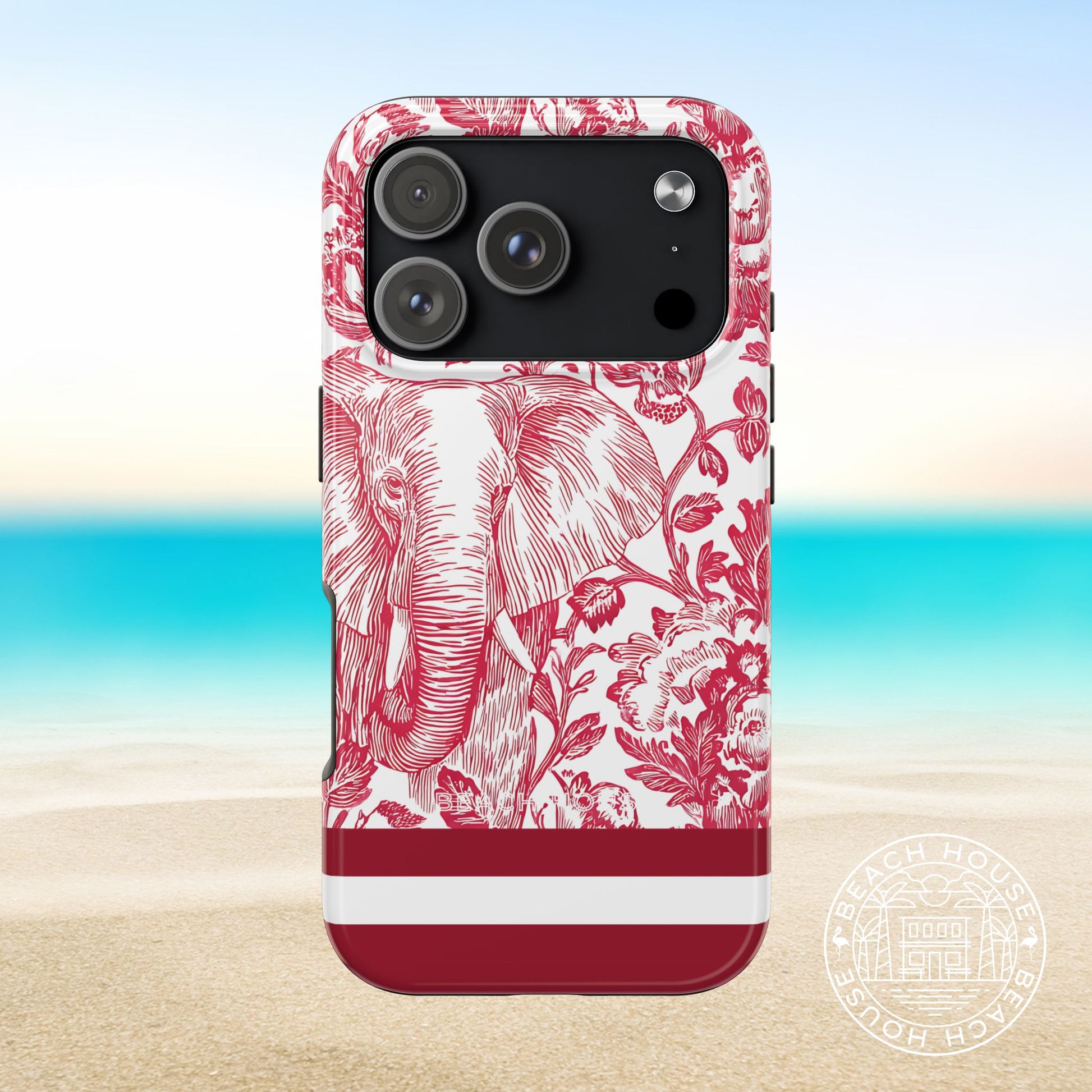 Tuscaloosa Tough Case for iPhone 17 Pro with red elephant and floral design on a beach background
