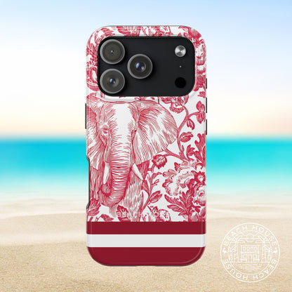 Tuscaloosa Tough Case for iPhone 17 Pro with red elephant and floral design on a beach background
