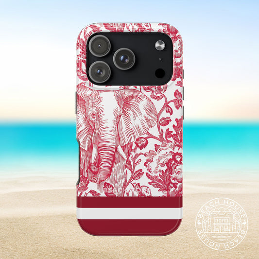 Tuscaloosa Tough Case for iPhone 17 Pro with red elephant and floral design on a beach background