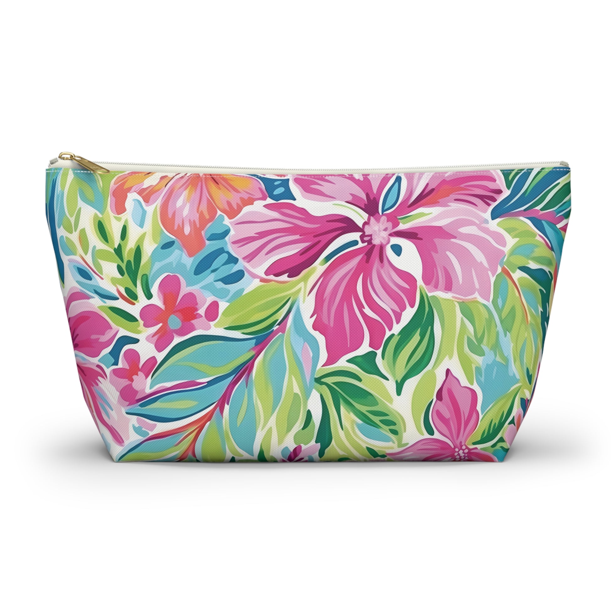 Floral patterned pouch with pink and green colors on a white background