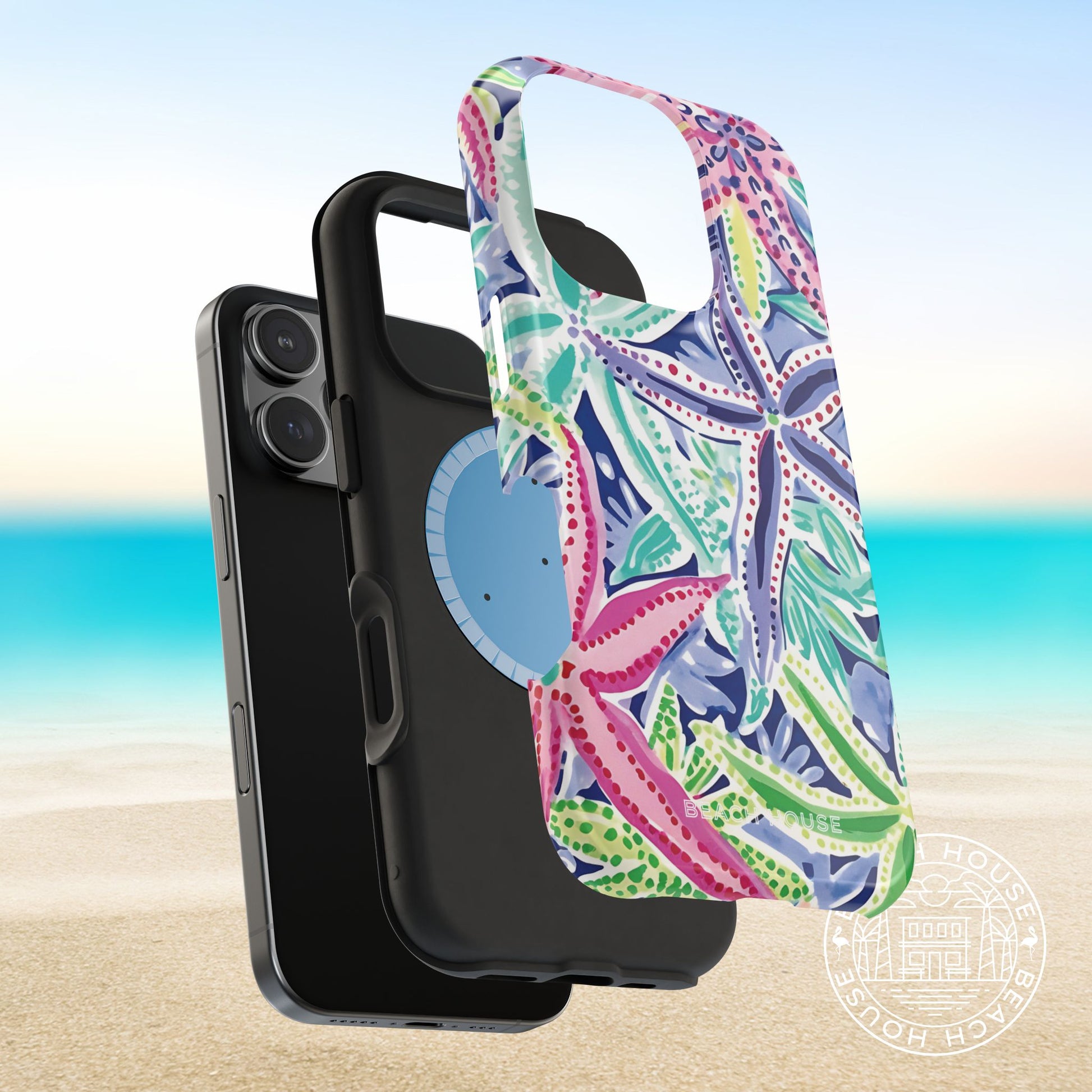 Layers of Siesta Key MagSafe Tough Case for iPhone with colorful starfish design on a beach background