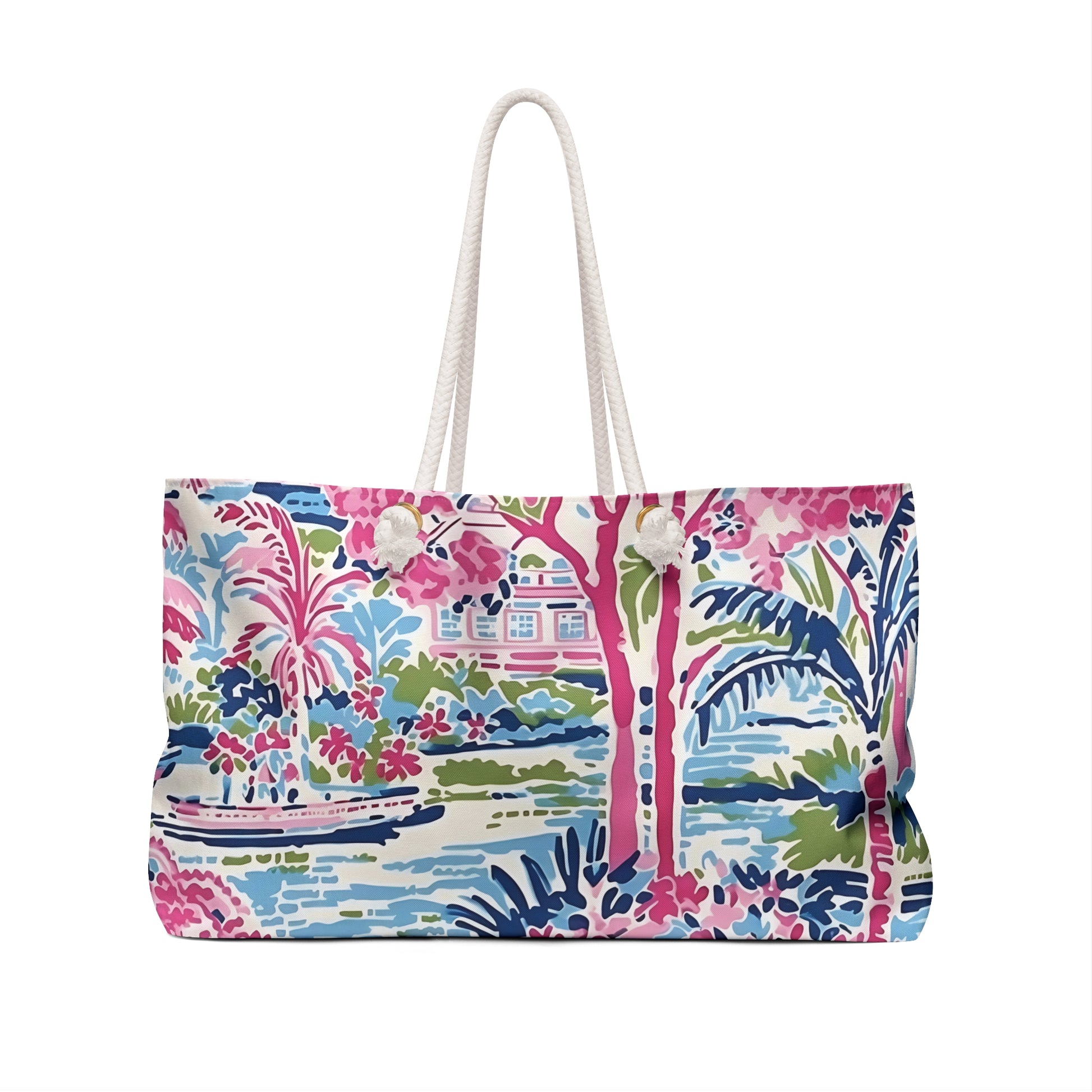 Back view of tropical tote bag with floral and coastal scene design on a white background