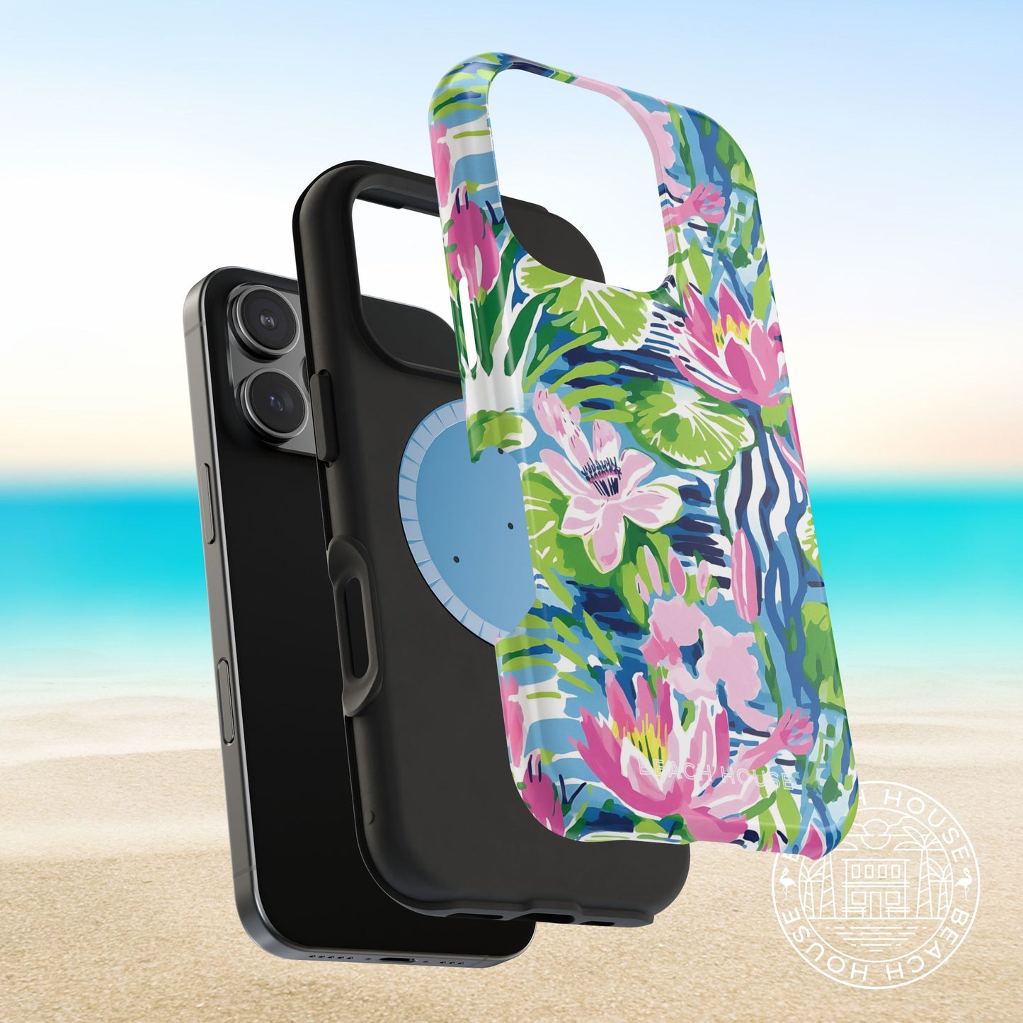 Layer view of the Everglades MagSafe Tough Case for iPhone with floral design on a beach background