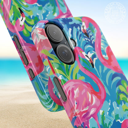 Close up views of the Key Largo Slim Case for iPhone with flamingo design on a beach background