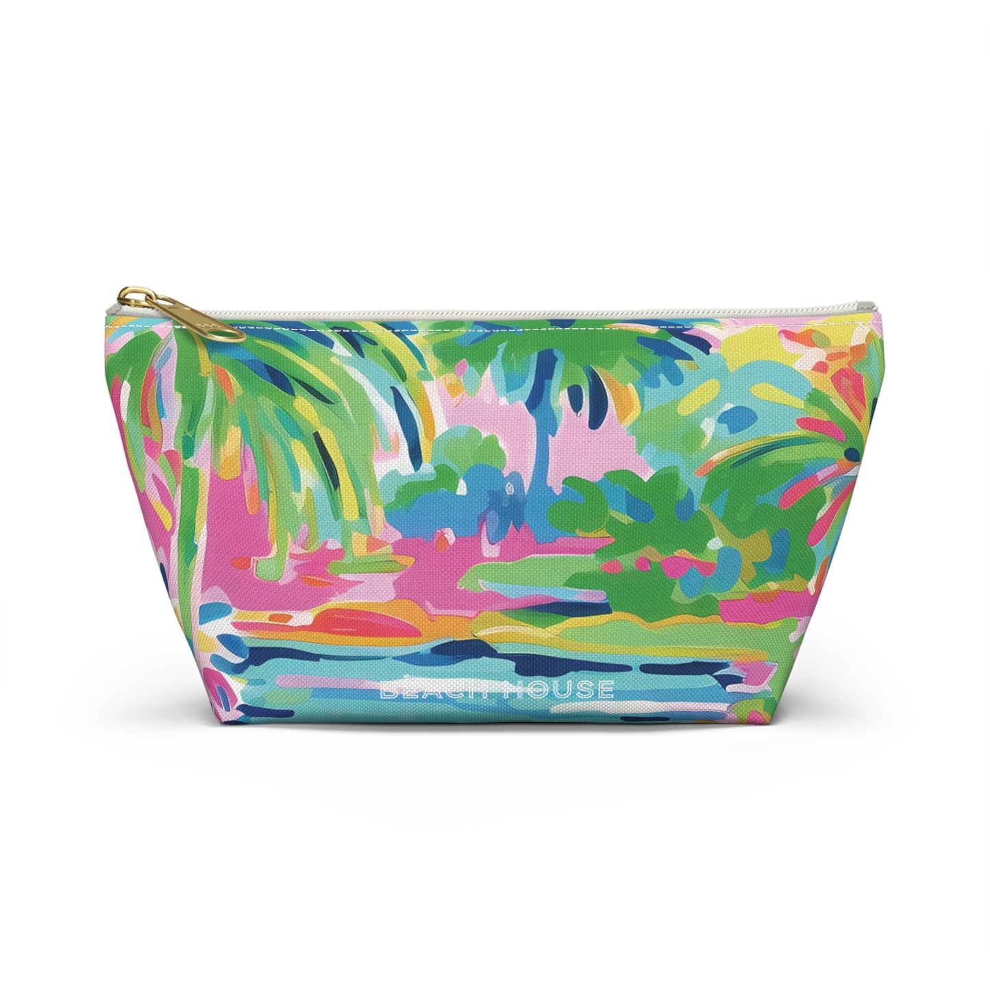 Colorful pouch with tropical design on a white background