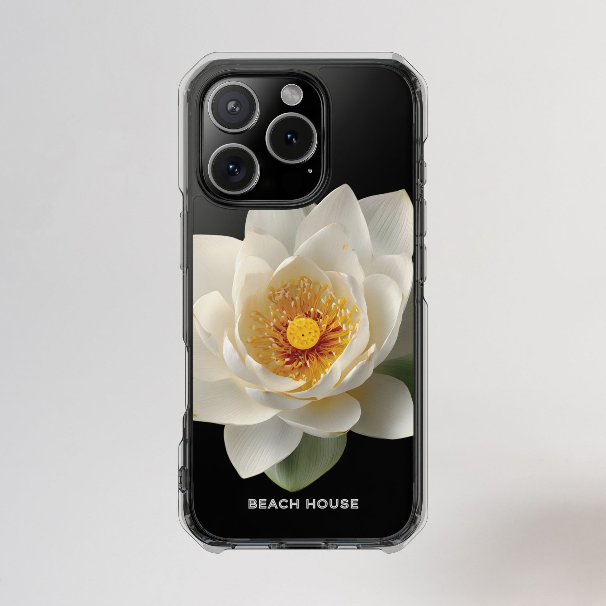 Phone case with a white flower design on a gray background