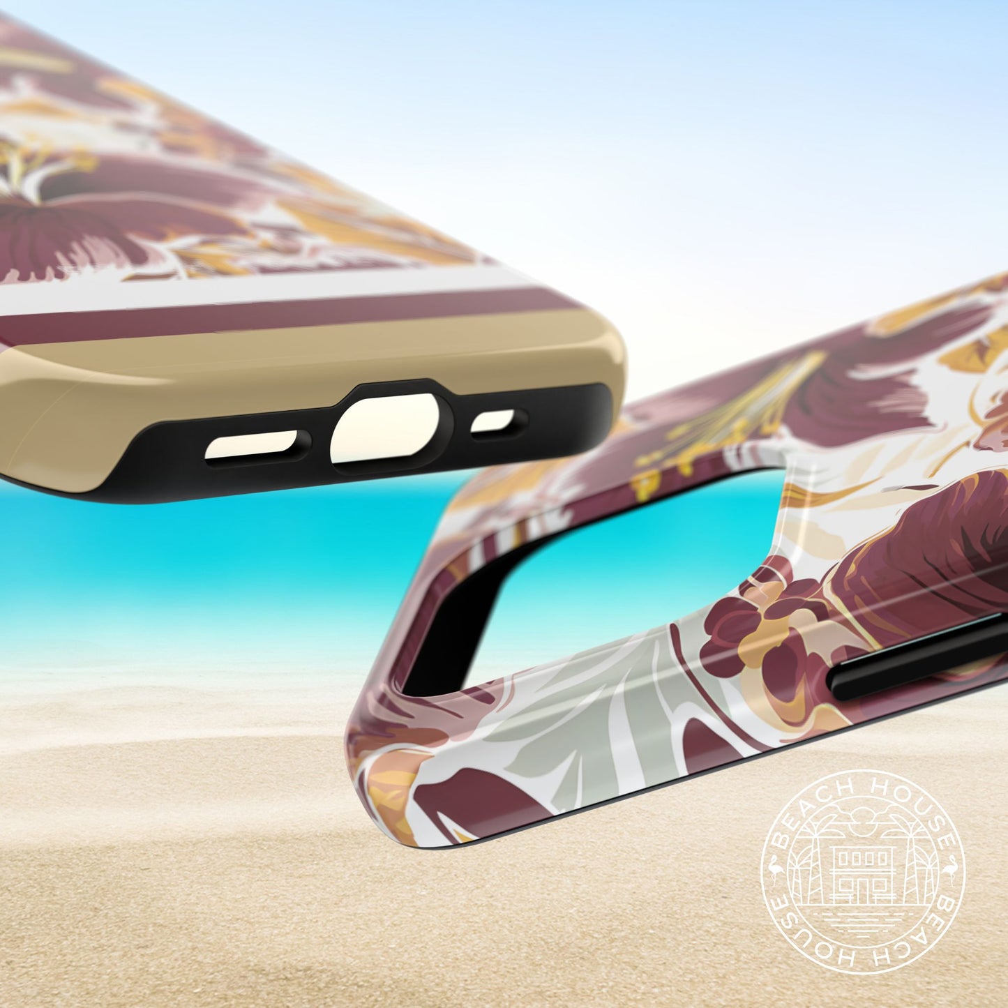 Views of top and bottom of the Tallahassee Tough Case for iPhone with floral design on a beach background