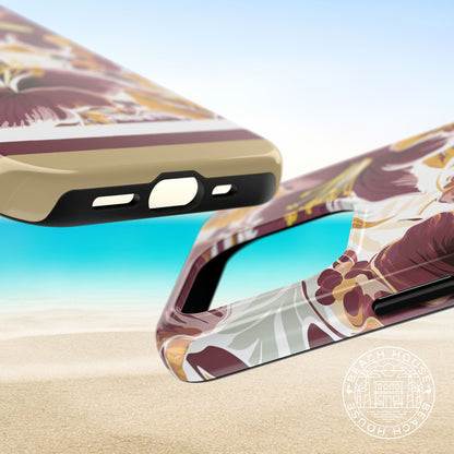 Views of top and bottom of the Tallahassee Tough Case for iPhone with floral design on a beach background