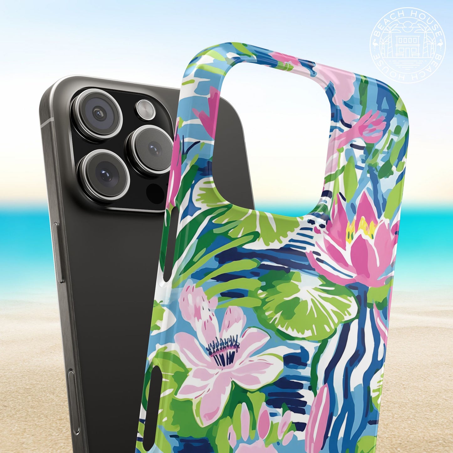Everglades Slim Case for iPhone with colorful floral design on a beach background