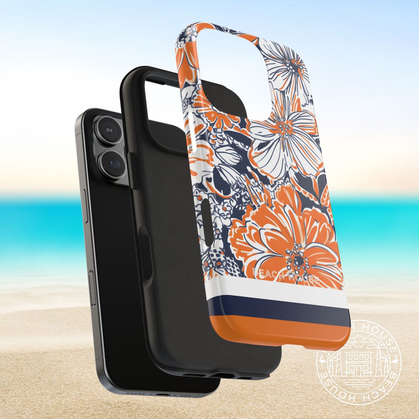 Layers of Charlottesville Tough Case for iPhone with orange and blue floral and striped design on a beach background