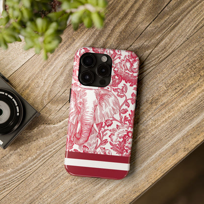 South Bend Tough Case for iPhone with floral and elephant design on a wooden surface