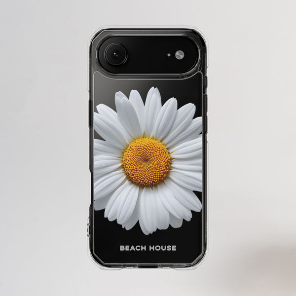 Phone case with a white flower design on a gray background