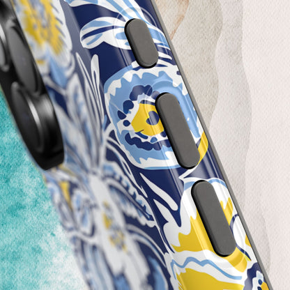 Close up view of buttons on the Ann Arbor MagSafe Tough Case for iPhone, on a textured surface