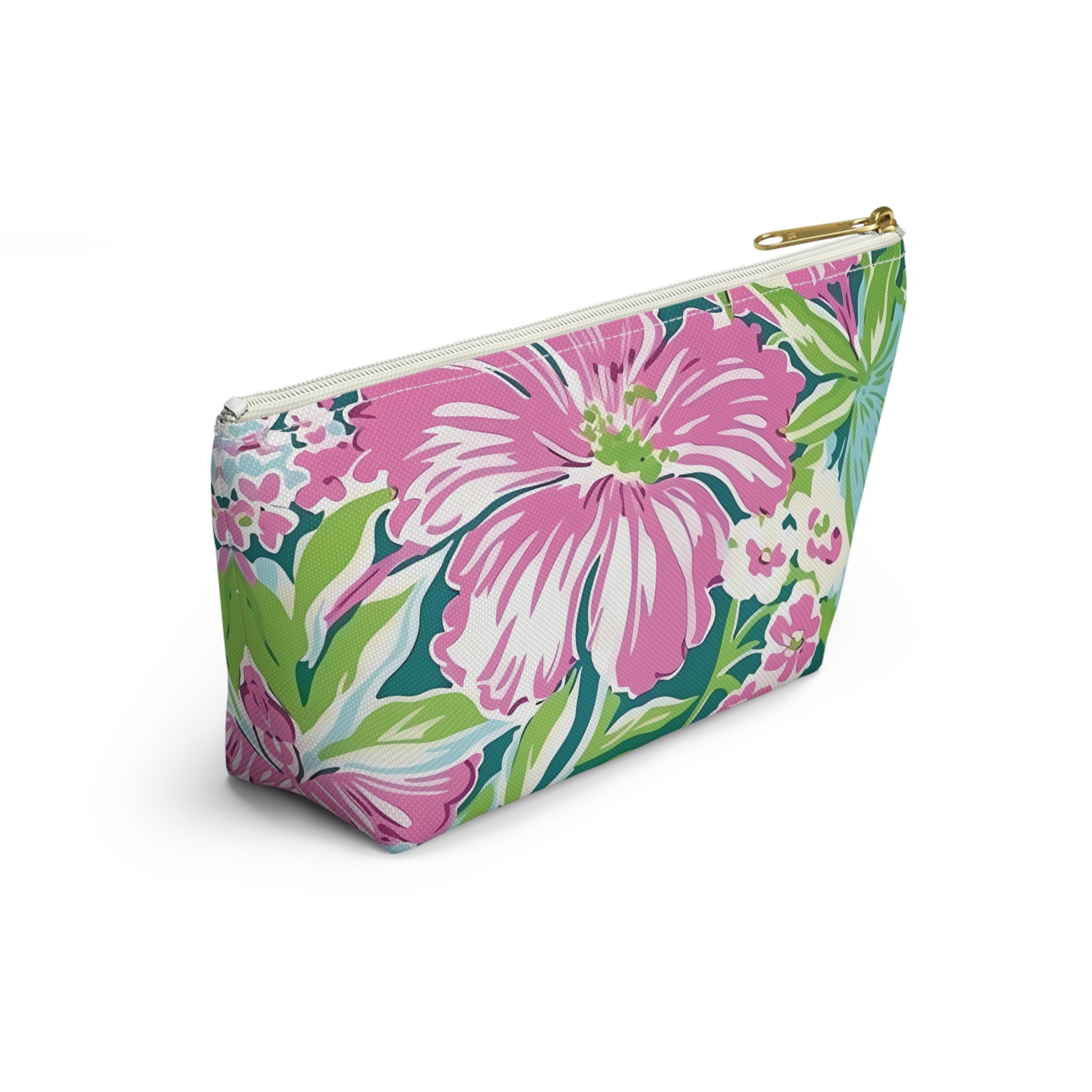 Floral patterned Seaside accessory pouch with pink flowers on a white background