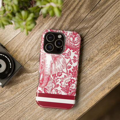 Tuscaloosa MagSafe Tough Case for iPhone with floral and elephant design on a wooden surface