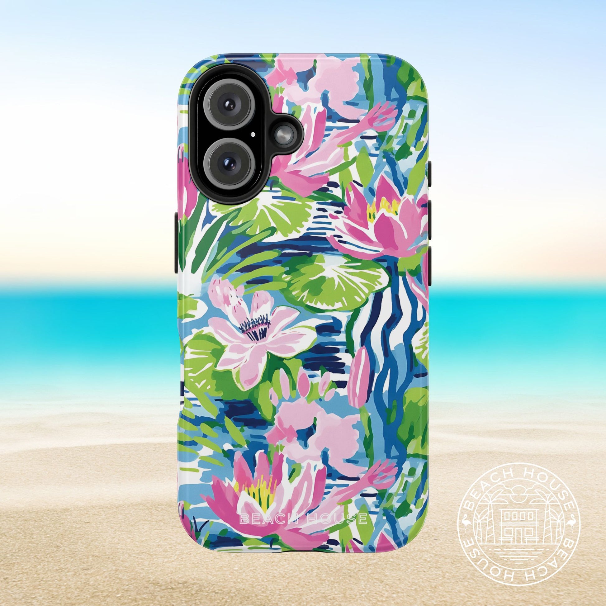 Everglades Tough Case for iPhone 16 with floral design on a beach background