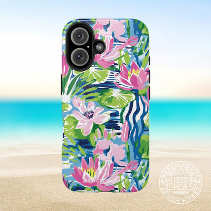 Everglades Tough Case for iPhone 16 with floral design on a beach background