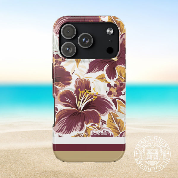 Tallahassee Tough Case for iPhone 17 Pro with floral design on a beach background