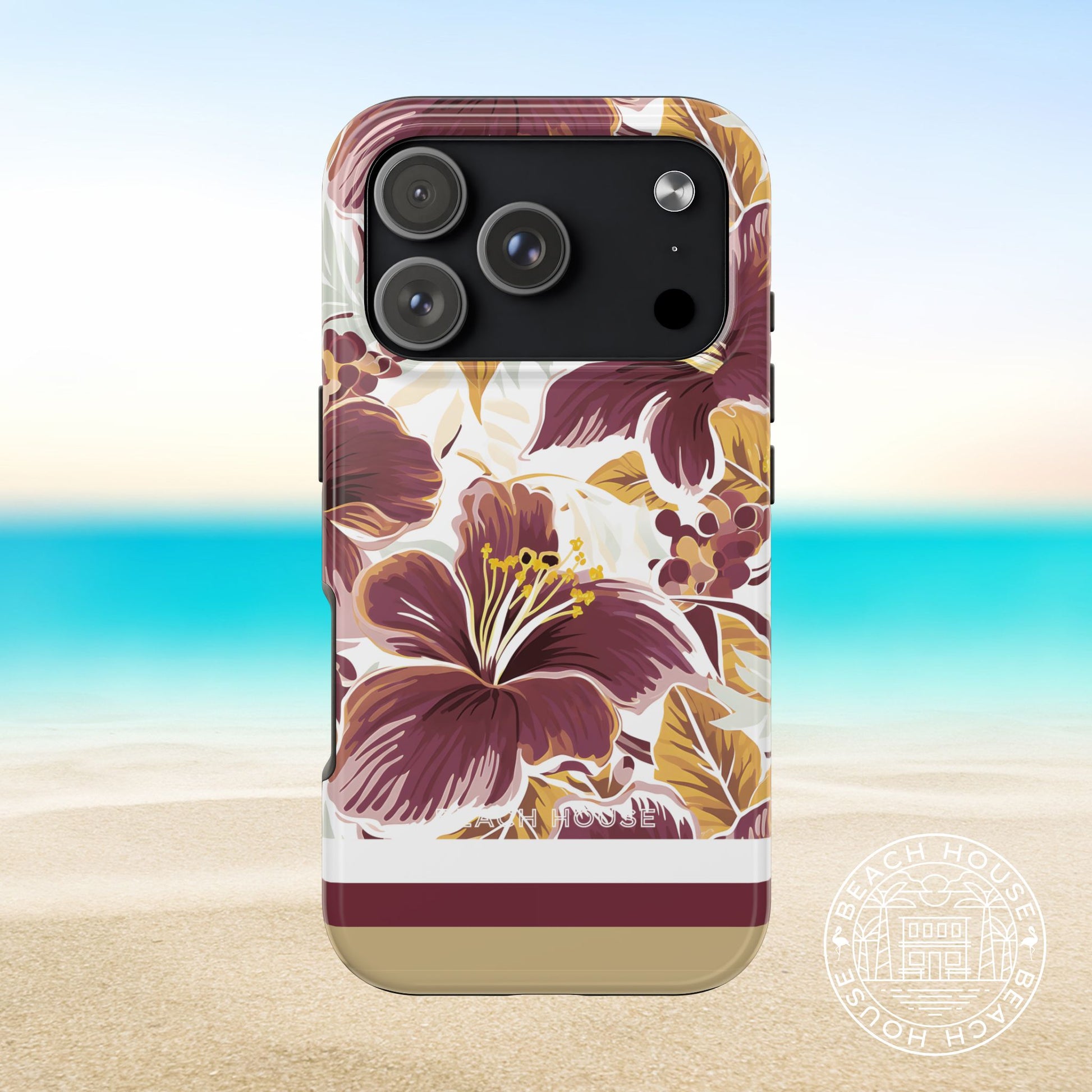 Tallahassee Tough Case for iPhone 17 Pro with floral design on a beach background