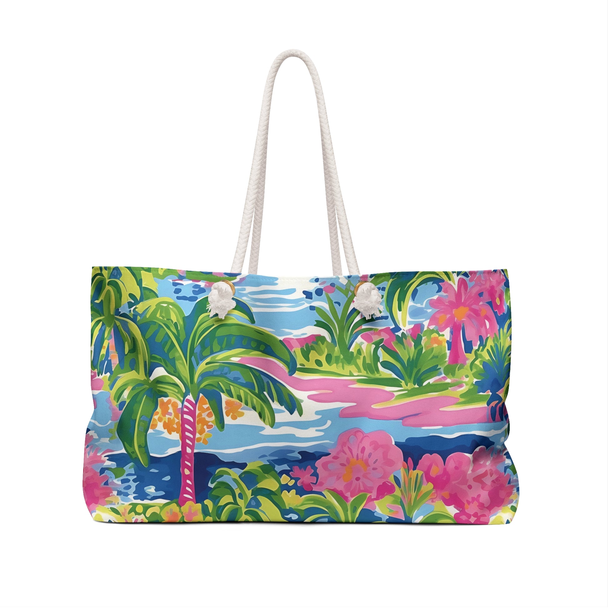 Back view of the Kiawah Weekender tote bag with tropical design on a white background