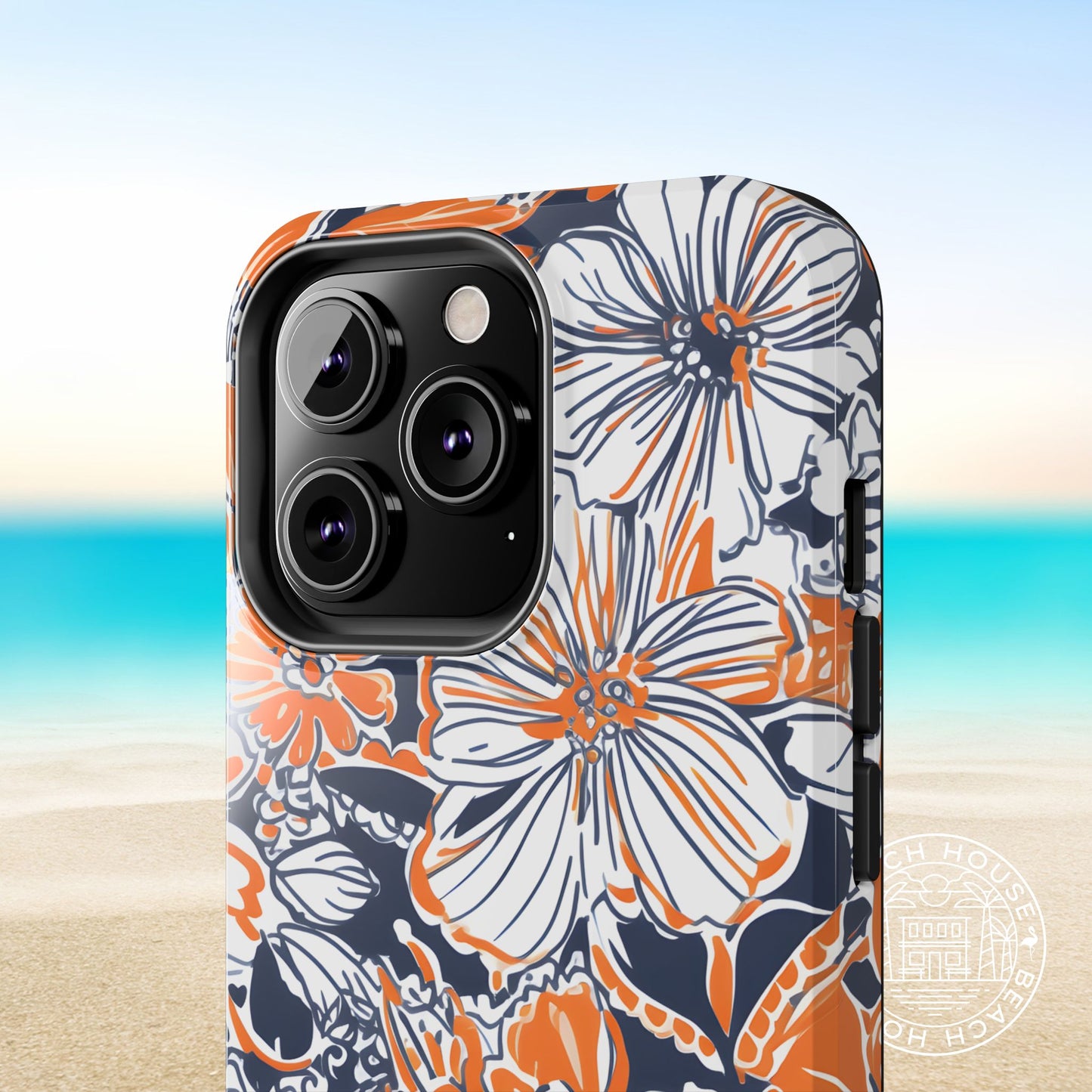 Floral patterned Charlottesville Tough Case for iPhone with a beach background