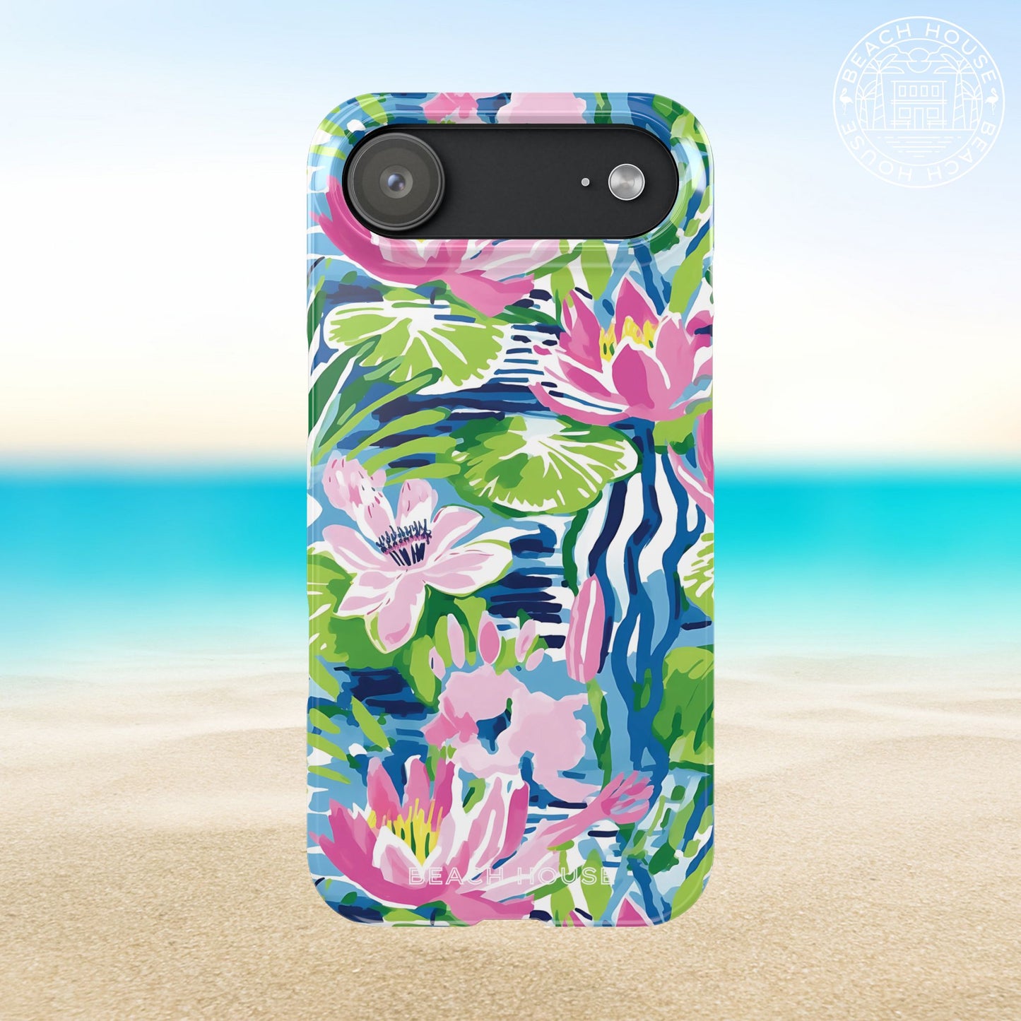 Everglades Slim Case for iPhone 17 Air with floral design on a beach background