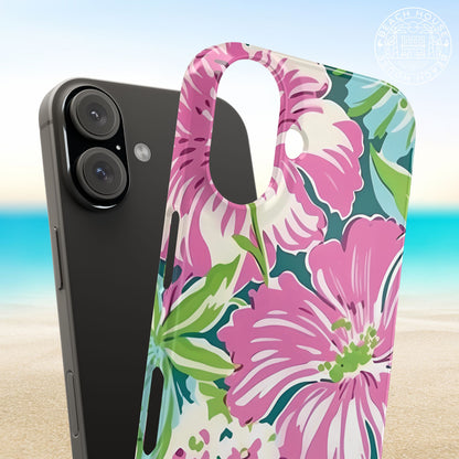 Seaside Slim Case for iPhone with pink floral design on a beach background