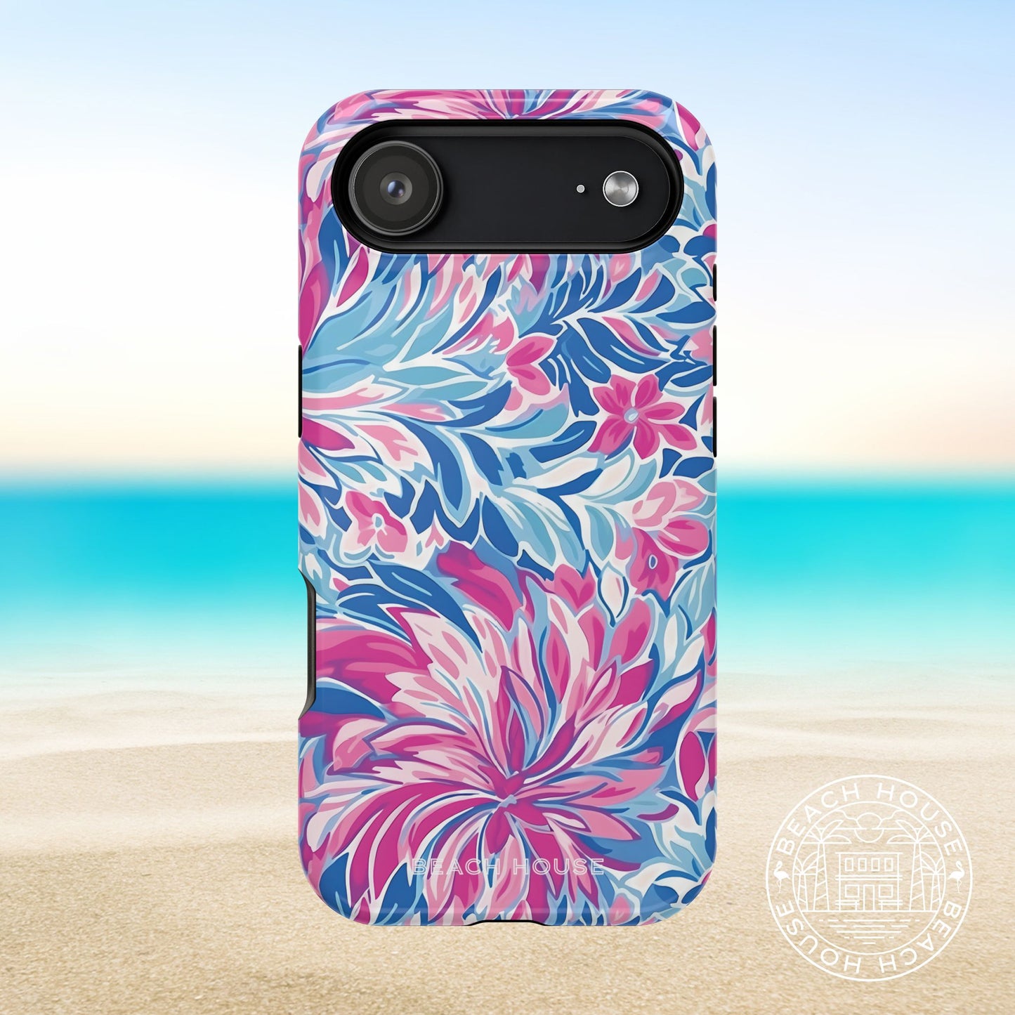 Destin MagSafe Tough Case for iPhone 17 Air with pink and blue floral pattern on a beach background