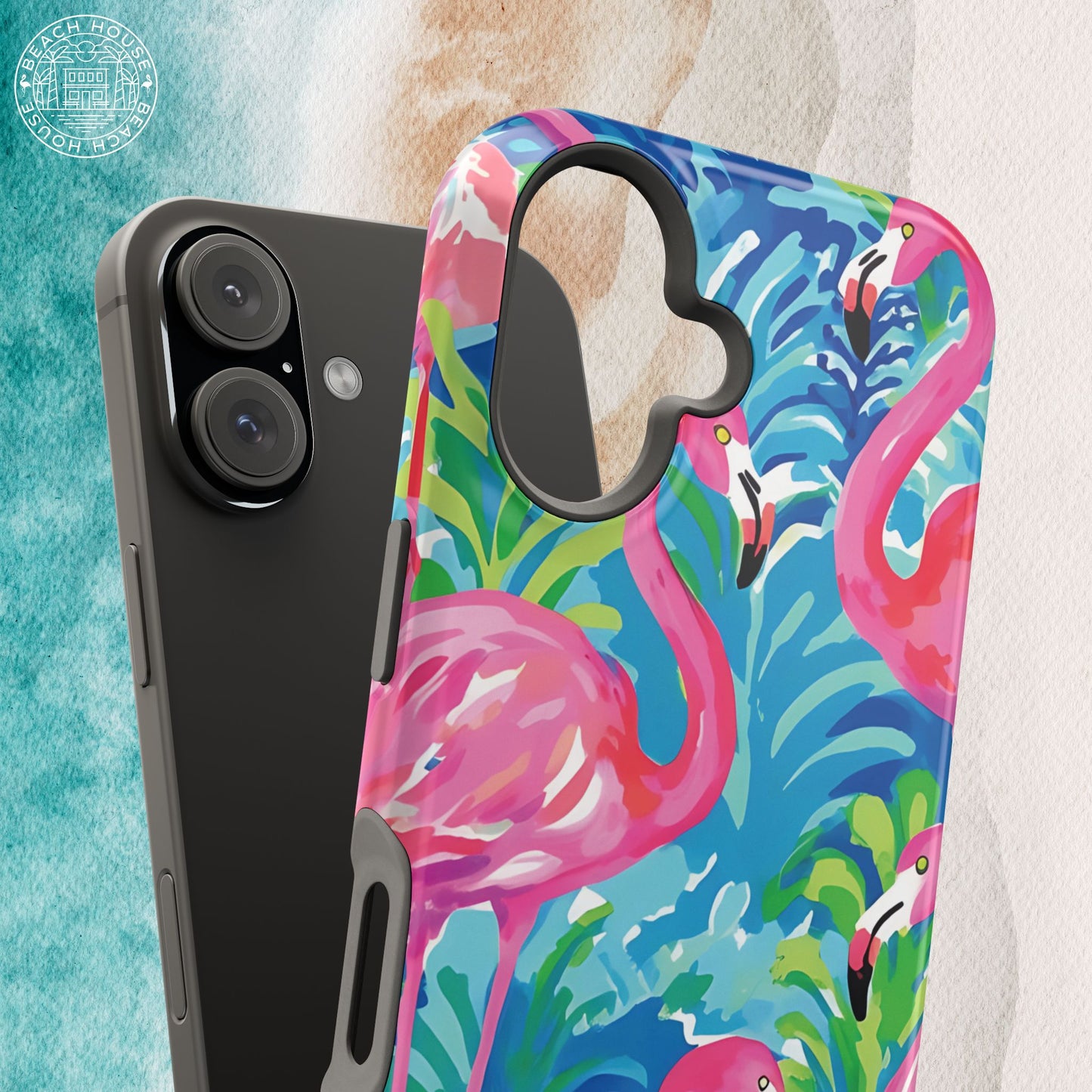 Key Largo MagSafe Tough Case for iPhone with flamingo design on a colorful background