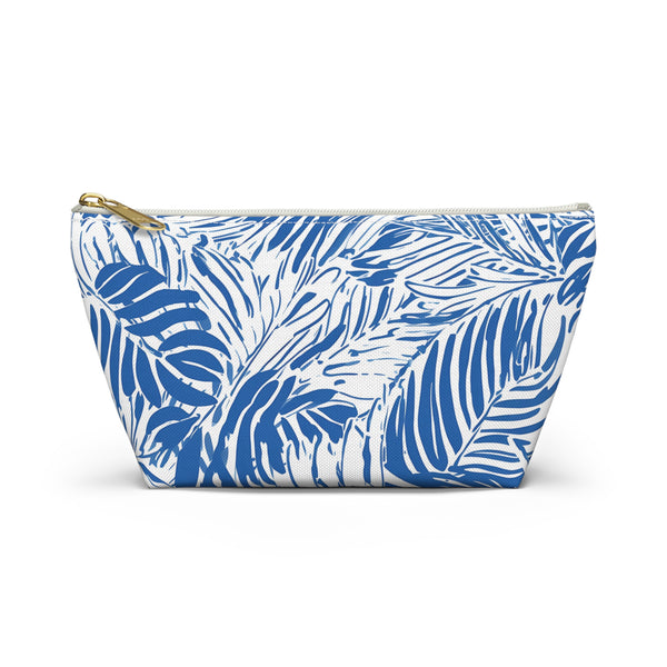 Blue and white leaf-patterned pouch on a white background