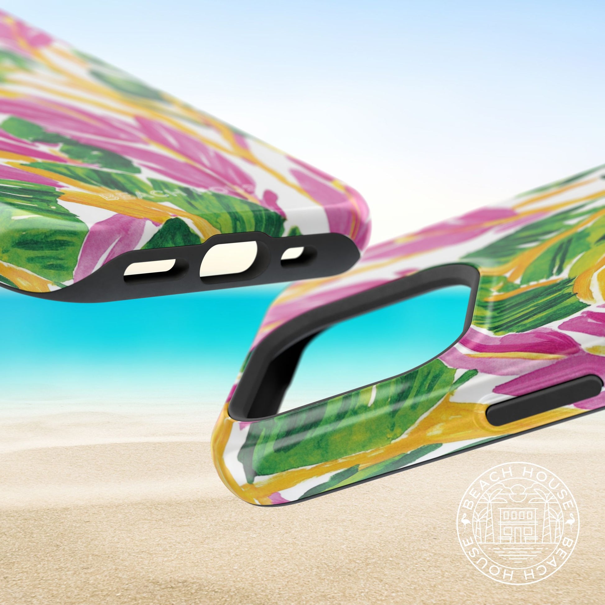 Top and bottom views of the Naples MagSafe Tough Case for iPhone on a beach background