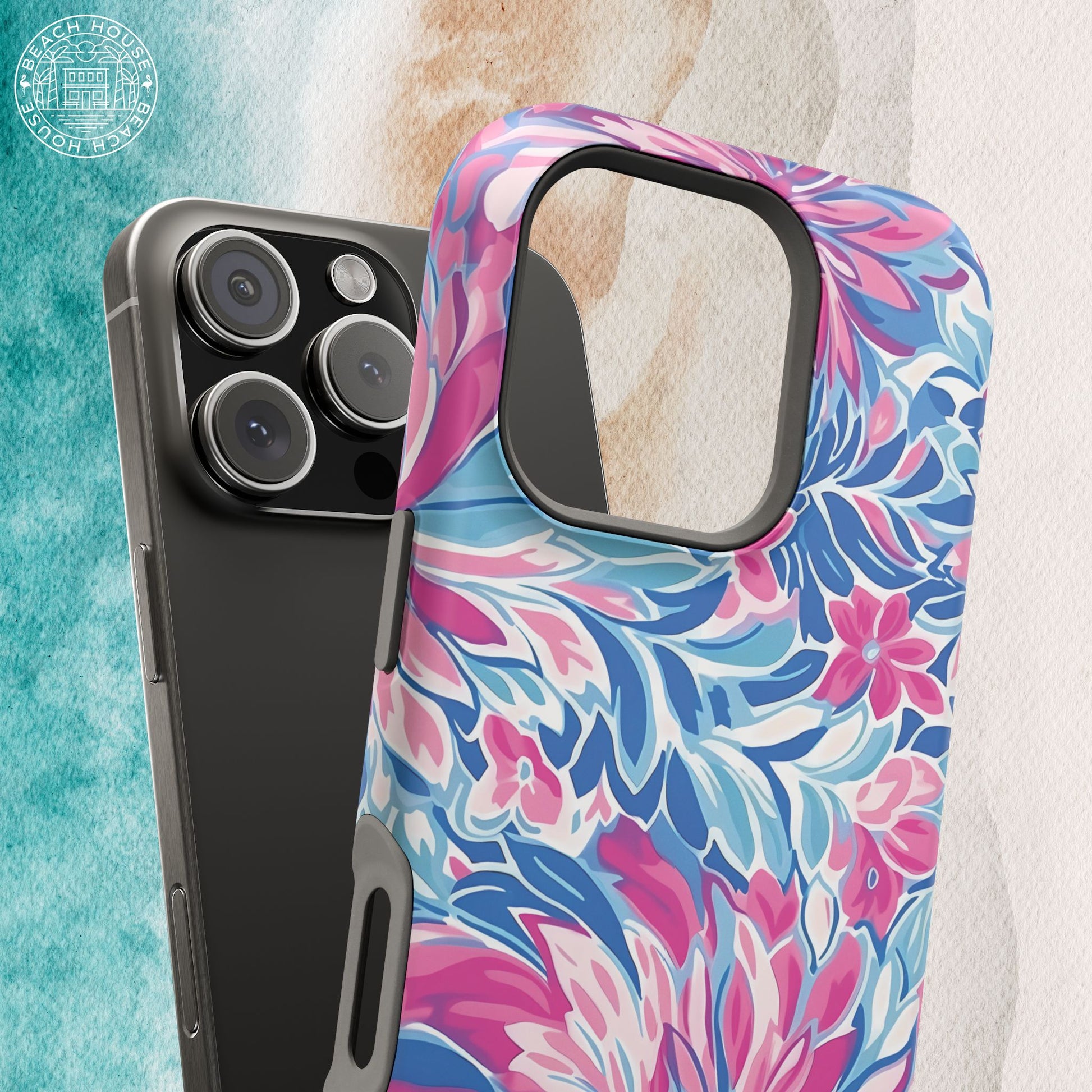 Floral patterned Destin MagSafe Tough Case for iPhone with a phone on a textured surface