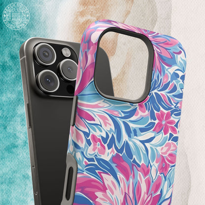 Floral patterned Destin MagSafe Tough Case for iPhone with a phone on a textured surface