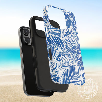 Shell and impact resistant layer of the Hampton Tough Case for iPhone with blue leaf pattern on a beach background